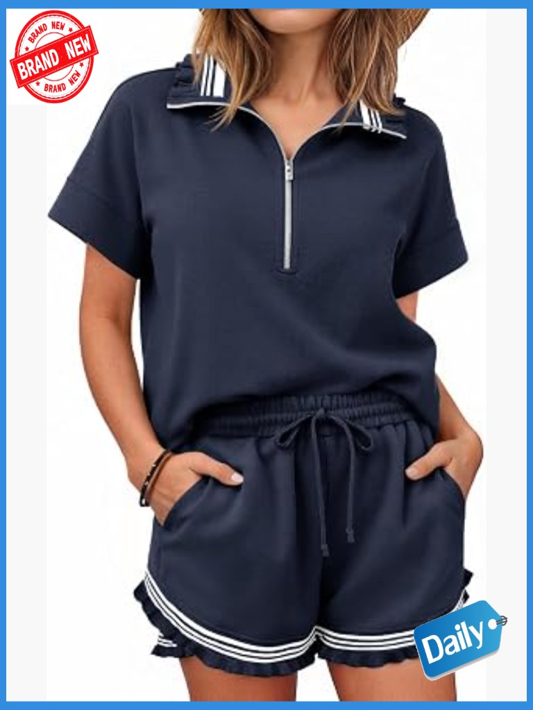 2 Piece Short Set Half Zip Ruffle Tops High Waist Shorts